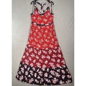 Loft Dress Womens Size 12 Red Black Tiered Maxi Boho Flowy Ditsy Fairy Soft Girl